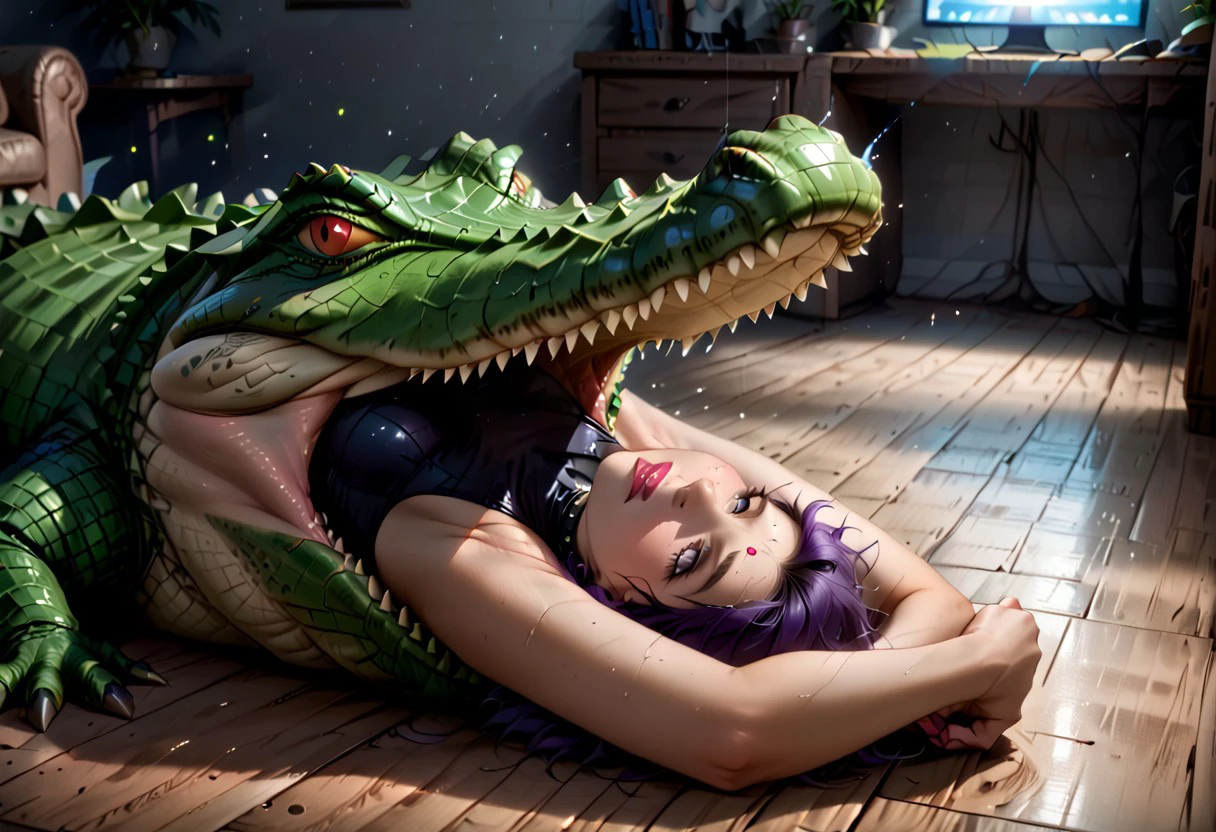 Vore scene.  1 woman, 1 alligator. Hyperrealistic. Woman inside alligator. Alligator is swallowing Raven . feet first. feet and legs of Raven are gone, inside the alligator. Only the torso and head are still out, visible.  Woman inside alligator mouth. Alligator attacking woman. photo a woman being eaten by a large alligator, head first. Perfect anatomy, Raven , expressive face,beautifully drawn face.
(masterpiece), (64k), intricate details, (highly detailed), photorealistic, cinematic lighting, shading, (best quality), absurd, (ultra high-resolution), ultra-detailed, cgi, (lineart), (depth of field), light particles, (hyper detailed), elaborated features, (volumetric lighting),crocodile, aligator, vore, violent, devour
1girl, colored skin, grey skin, short hair, purple hair, forehead jewel, black eyes, black lips, leotard, belt, hood