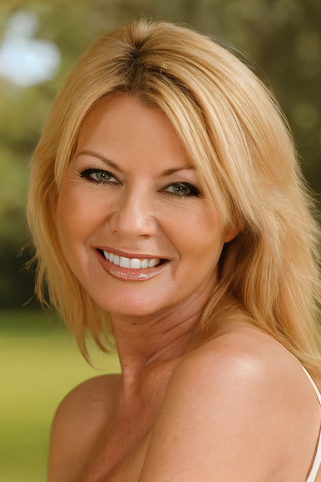 photo, award-winning, ultrasharp, highres, medium close shot, beautiful woman Carolyn Monroe posing for a picture <lora:Carolyn_Monroe:0.9>, smiling, outside, sunny day, in a park