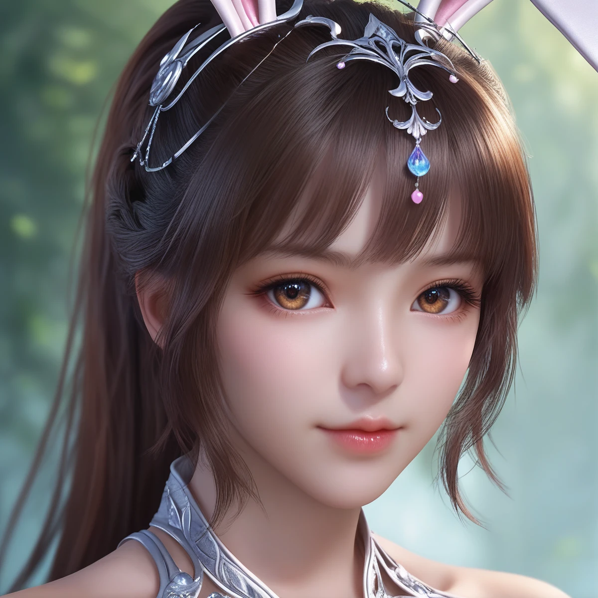 score_9,score_8_up,score_7_up,beautiful,pretty,bangs,beautiful face,beautiful ultra detailed eyes,detailed face,intricate details,hyper-detailed,highly detailed,best quality,masterpiece,xiaowu,
close-up,front view,solo_focus,cowboy_shot,face_focus,1girl,animal ears,rabbit ears,solo,ponytail,dress,brown hair,long hair,white dress,pink dress,standing,
<lora:xiaowu:0.6>,