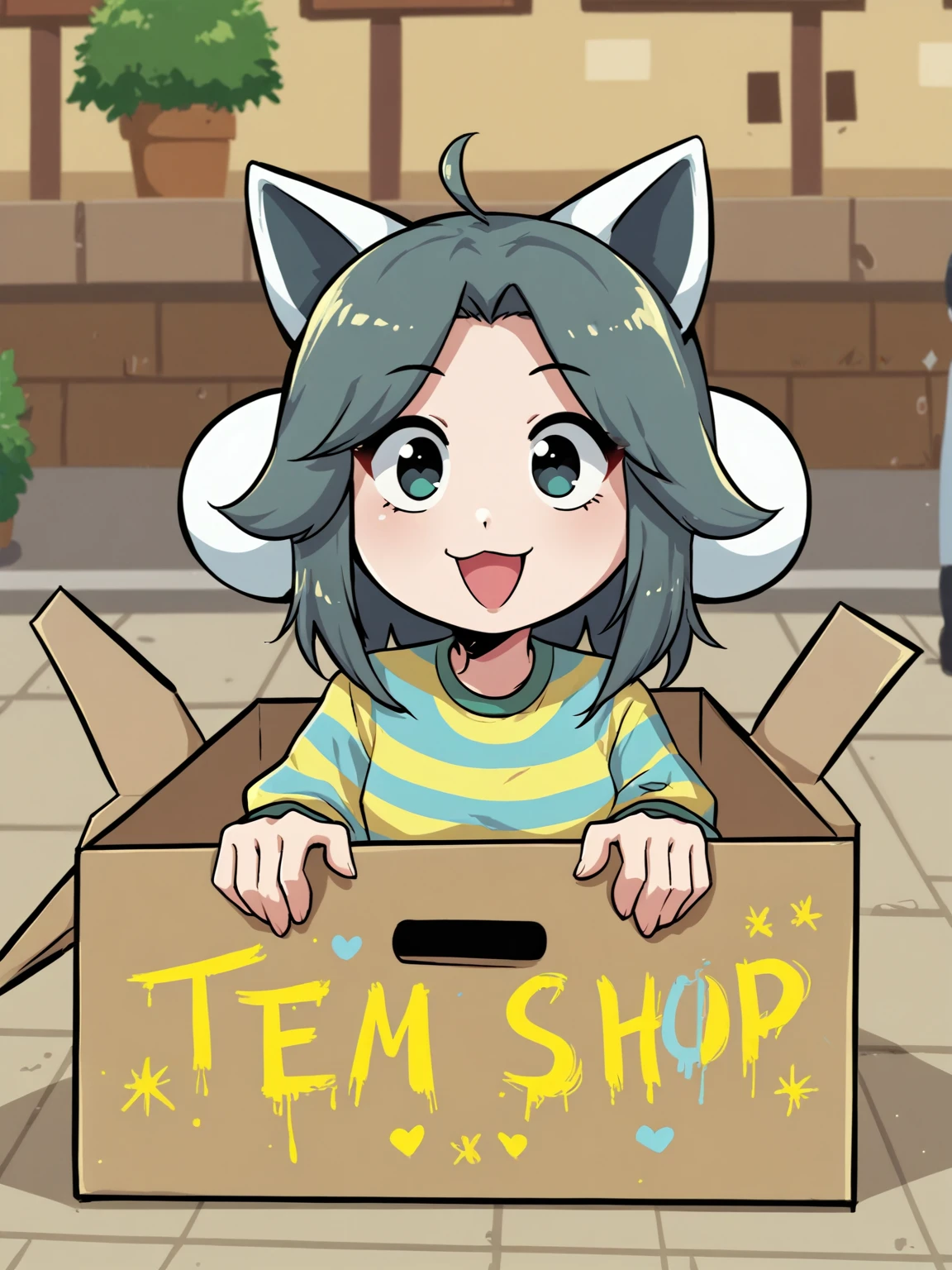 score_6_up, outdoors <lora:temmie:0.8>,temmie,female,human,tem shop,in box,open smile