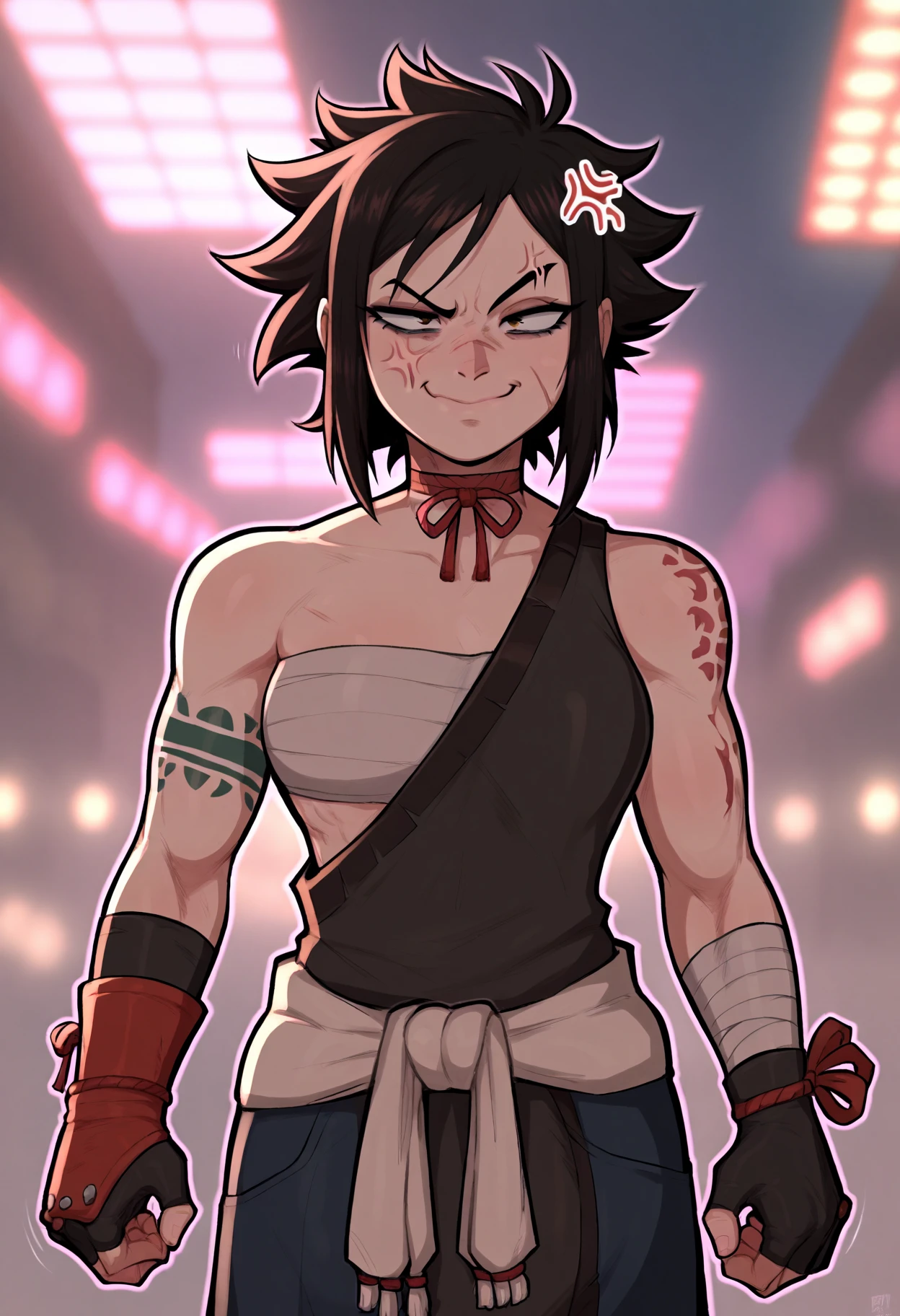 score_9, score_8_up,score_7_up, 1girl, solo, 
sarashi, arm tattoo, hand_wraps ,  fingerless gloves, bracer, pugilist, ribbon choker, clothes around waist, dougi, scar_on_cheek , toned_female, 
upset, angry, smile, half-closed eye,  anger vein, closed mouth, triggered, one raised eyebrow, 
in a stripping club, neon_lights, pink lighting,
 <lora:frbll_pdxl_EliPot:1>