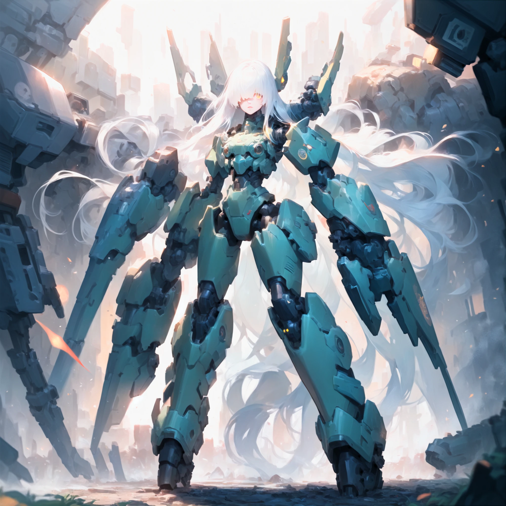 (Fox Girl, Fox Ears, Silver Hair, Fox Makeup, One Girl, Long Hair, Alone on the screen, dark skin, High definition, high resolution:1.6), (mecha musume, Machinery Parts,Robot Joints, White and red clothes, face以outside全身機械スーツ:1.8), (Body measurements are 75-60-75!, Young girl body, Small breasts, Proudly, Standing posture, slender, muscle:1.9), Avatar, face, 色っぽいface, Dominant representation, naughty face, Uplifting, Skin Texture, outside, ruins, Ruined City, Broken Building, There are no people