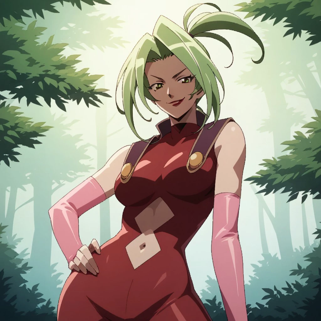 score_9, score_8_up, score_7, BREAK, solo, ursula_dk, green hair, long hair, arching ponytail, elbow gloves, lipstick, navel cutout,, forest, seductive, smirk, natural lighting