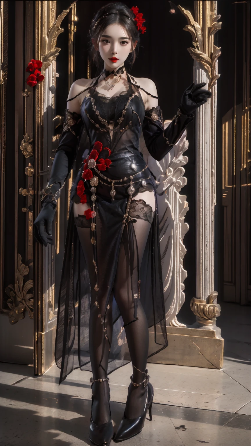 masterpiece,(bestquality),ultra-detailed,1girl,solo,full body,<lora:ntmix1:0.7>,<lora:Midnight Kiss outfit:0.8>,Midnight Kiss outfit,lace,black stockings,gloves,red flower,jewelry,string,chain,purple piece of shirt,