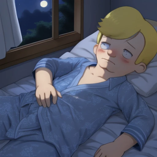 <lora:hugo_habercore-v2:1> hug0, blond hair, blue pajamas, open pajamas shirt, erection, blush, tired eyes, on bed, night, lying, (human), (konzaburou),(ukan_muri),soft shading,8k,UHD,(masterpiece),(very detailed),best quality,detailed background,high quality