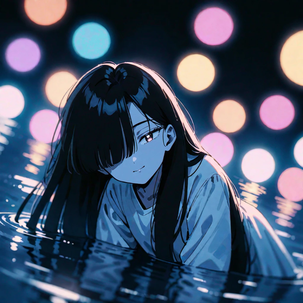 masterpiece, best quality, very aesthetic, absurdres, film grain, cinematic angle, dutch angle, 2d, 1990s \(style\), retro artstyle, from side, [pink|blue] theme,
(yamamura sadako:1.2),(Crawling out:1.2) of the Pond on a beautiful night,crouching down,reflection,
girl,black hair,long hair,straight hair,black hair,over one eye cover,long bangs,gray skin,white spooky dress,long dress,long long sleeves, [barefoot:0.1], skinny, upper body, (expressionless, jitome, flat eyes:0.5),light smile,narrowed eyes,on all fours, in water,looking up ,horror \(theme\),
black background,1dk,<lora:Ring_Bokeh:0.4>,(colorful bokeh:1.2)