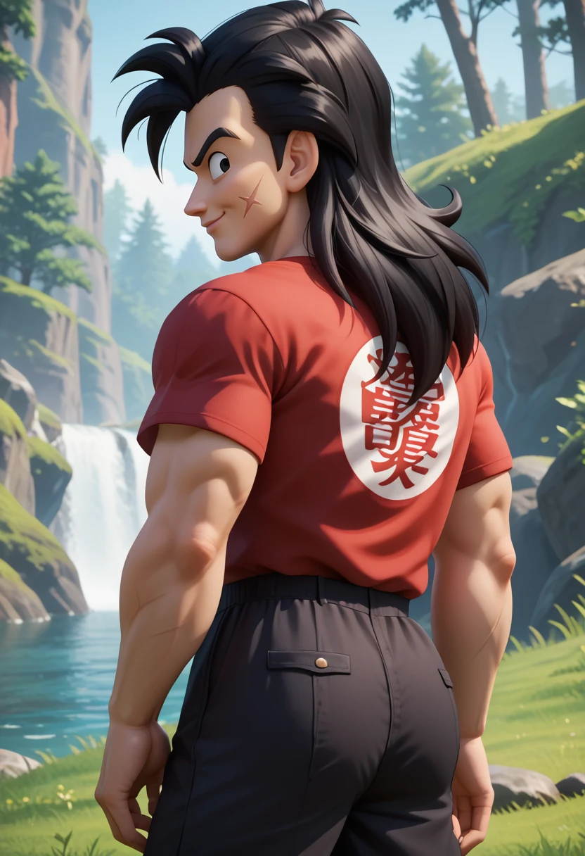 score_9, score_8_up, score_7_up, yamcha, 1boy, muscular male, solo,black hair,black eyes,long hair,scar on cheek,looking at viewer,  from behind, black cargo shorts,red t-shirt,short sleeves, ass,forehead,looking back, nature, cascade, water, tree,grass,3d, smile,hand up, profile, <lora:YamchaPony:1>