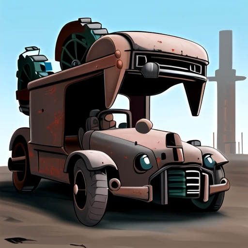 rusty gear, batle dammages, robotic ancient gear car with weapon