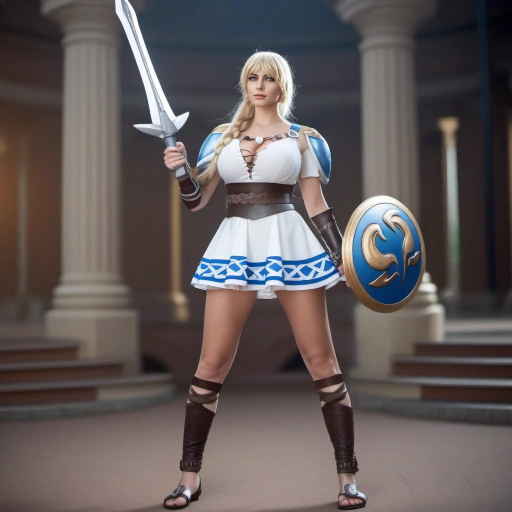 cinematic photo 1girl, blond long hair, breasts, braid, cleavage, sandals, sword, shield  <lora:Sophita1024:0.8> . 35mm photograph, film, bokeh, professional, 4k, highly detailed