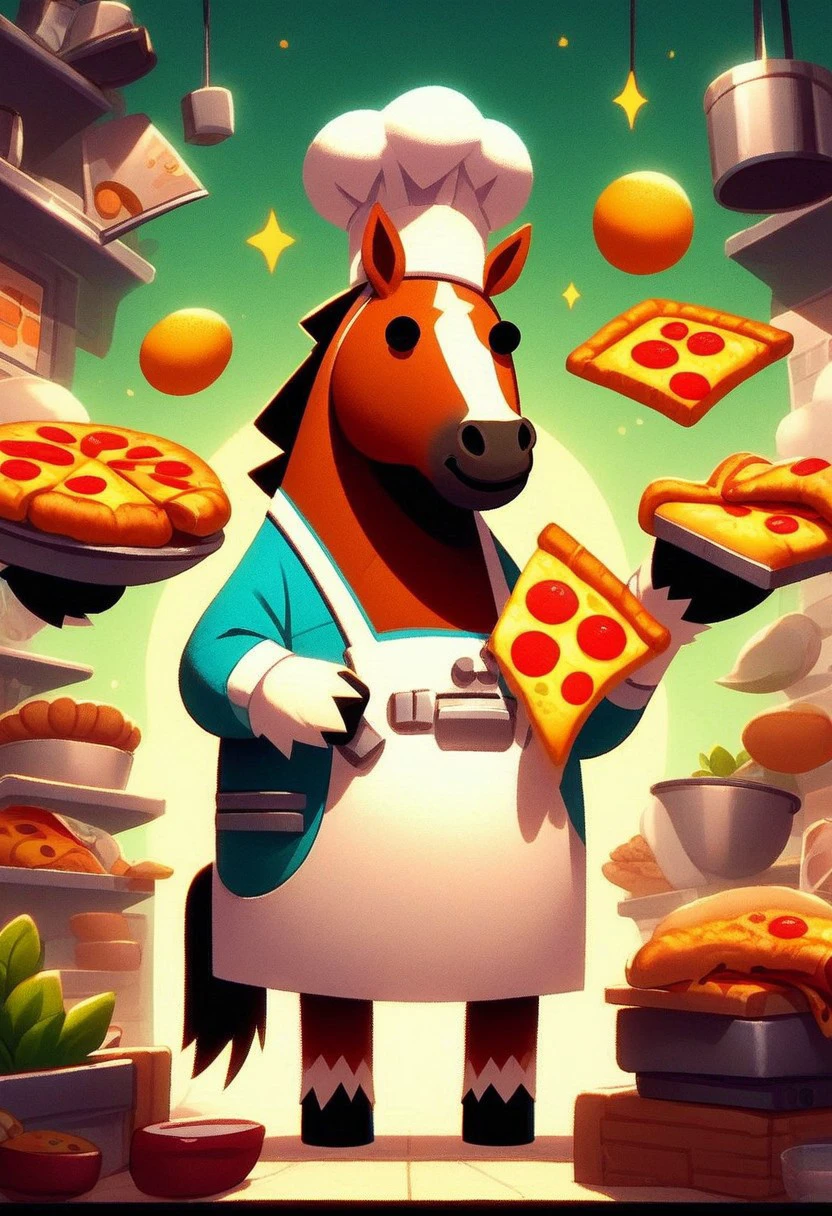 score_9, score_8_up, score_7_up, score_6_up, score_5_up, score_4_up, horse, holding pizza, chef hat