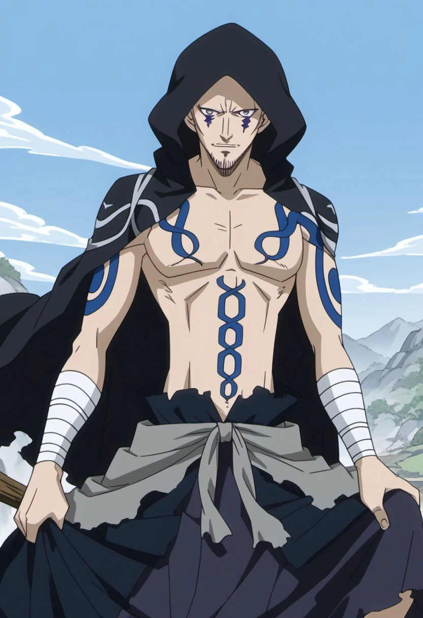 score_9, score_8_up, score_7_up, source_anime, rating_safe, Eritail, bald, Erigor Oracion eyes, 1boy, male focus, anime screencap, blue Erigor facial mark, blue Erigor bodypaint, topless male, black Erigor cloak, dark grey Erigor waist cloth, black Erigor skirt
