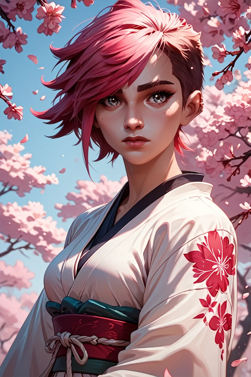 score_9, score_8_up, score_7_up, score_6_up
<lora:ALVi:1.0>
ALVi, 1girl, pink hair, short hair, looking at viewer, in a traditional kimono, surrounded by cherry blossoms