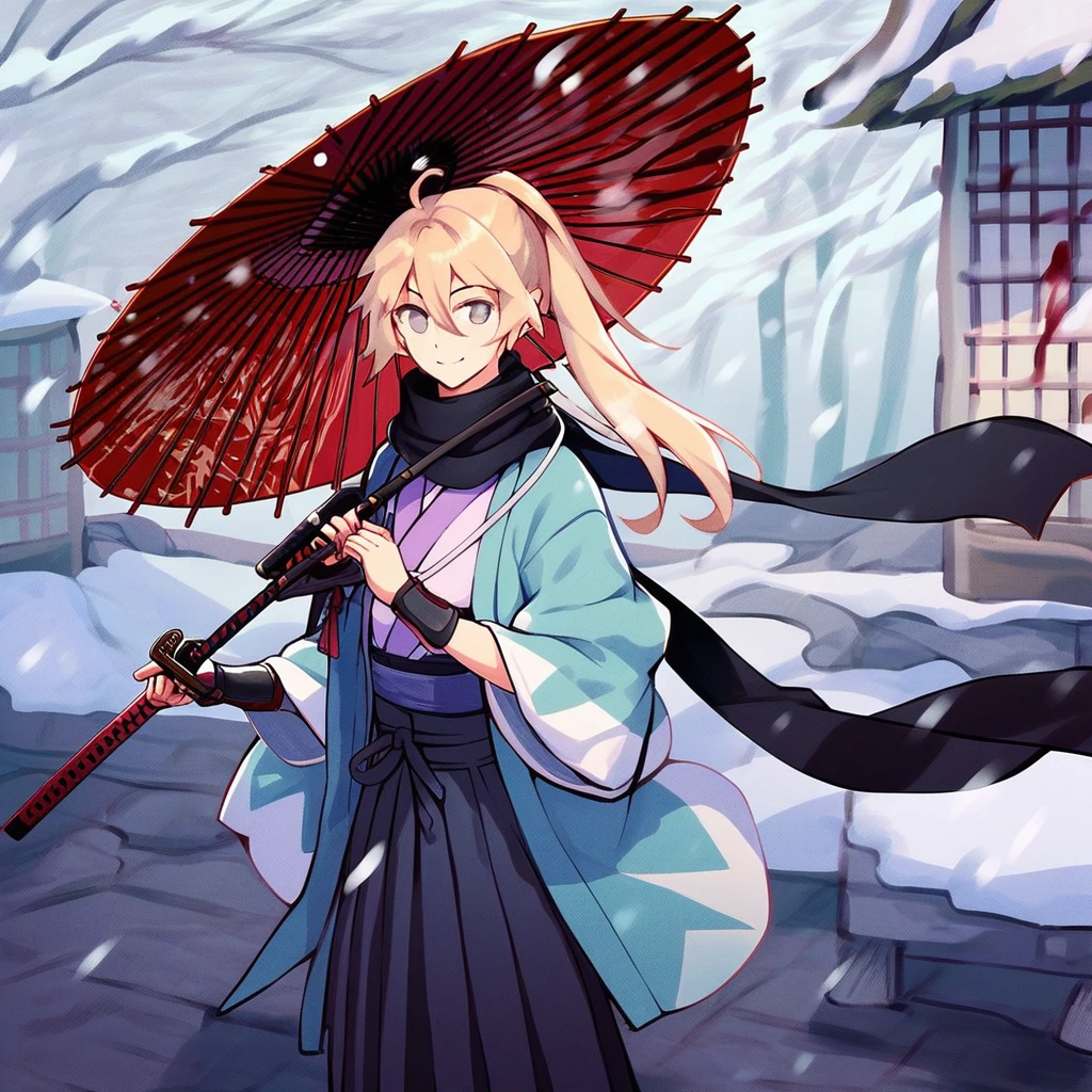 Shinsengumi Haori, 1girl, ahoge, arm guards, bangs, black hakama, black scarf, blonde hair, blood, closed mouth, grey eyes, hair between eyes, hakama skirt, holding, holding sword, holding umbrella, holding weapon, katana, kimono, long sleeves, looking at viewer, oil-paper umbrella, outdoors, ponytail, scarf, skirt, smile, snow, snowing, solo, solo focus, standing, sword, umbrella, weapon, white kimono, score_9, score_8_up, score_7_up, score_6_up, score_5_up, score_4_up,