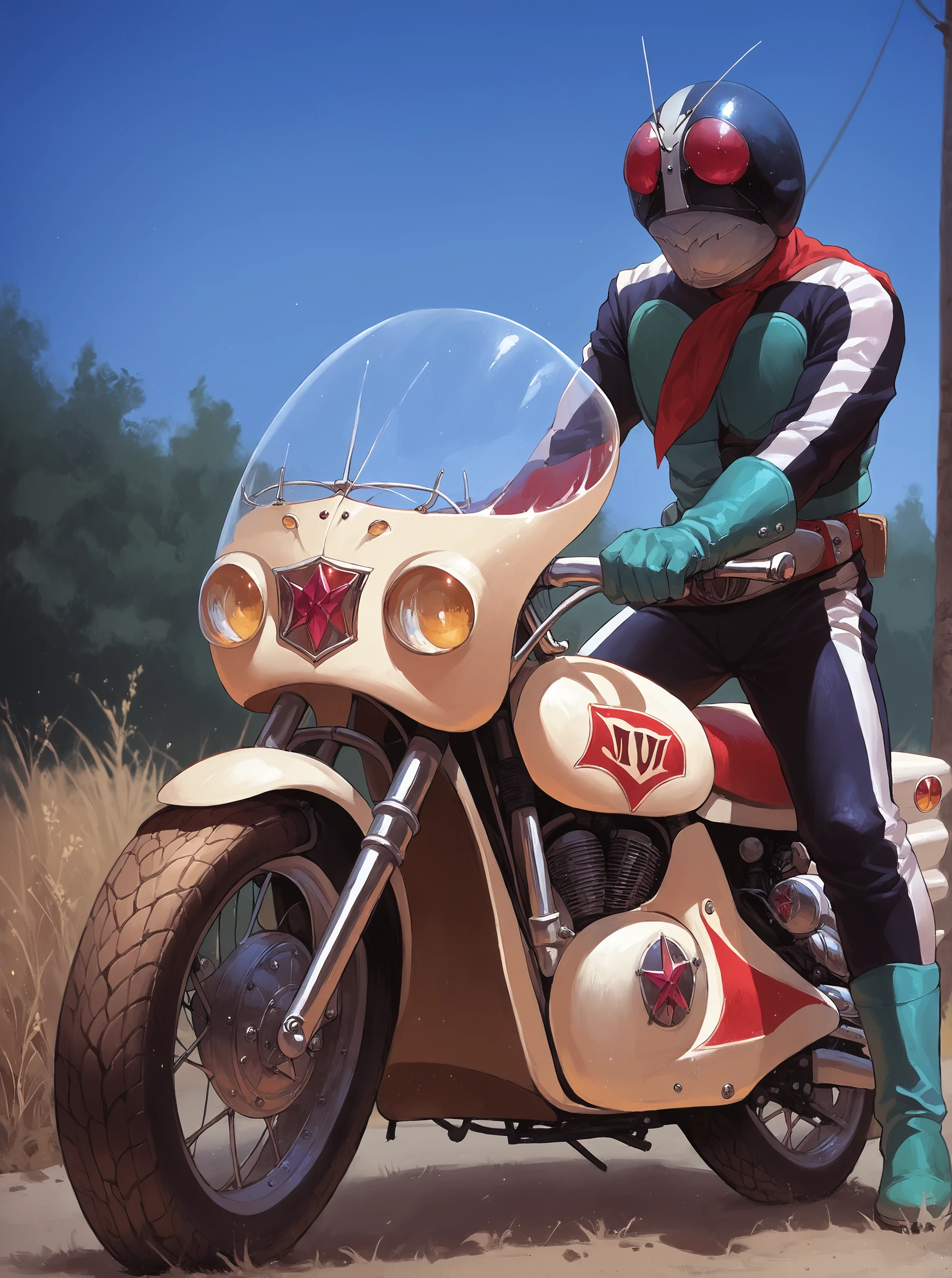 score_9, score_8_up, score_7_up, masterpiece, source_realistic,kamen rider, motorcycle, motor vehicle, 1boy, ground vehicle, male focus, solo, antennae, helmet,  outdoor, <lora:sn0wStyle:1> <lora:HKHorrorXL:1>,  <lora:Kamen_Rider_Nigo_1971:1>