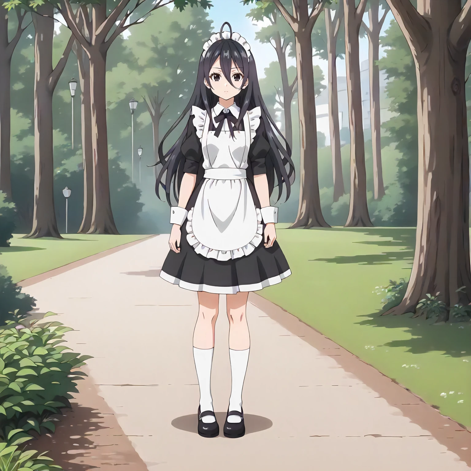 <lora:ASHHFiR_AyanoKimishimaXLpony001>,
outdoors,nature,
solo,
AyanoKimishima,1girl,black hair,ahoge,long hair,black eyes,
maid,
full body,standing,