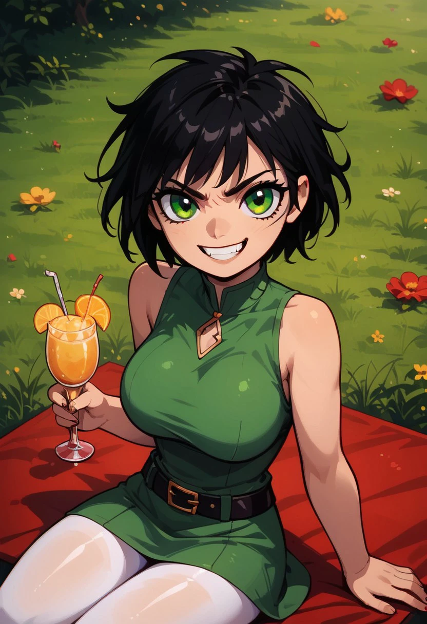 (score_9, score;yy_8_up:1.1), score_7_up, posing, 1girl, solo, big breasts,
1girl, buttercup (/PPG)/,(ultra HD quality details), black hair, short hair, (green eyes), messy hair, dress, short dress, light green dress, sleeveless, thick black belt, white pantyhose,
teeth,grin,smile
looking at viewer, five fingers, perfect eyes, athletic body, hourglass figure, cute face, angry look, glass field, sitting on a picnic table,