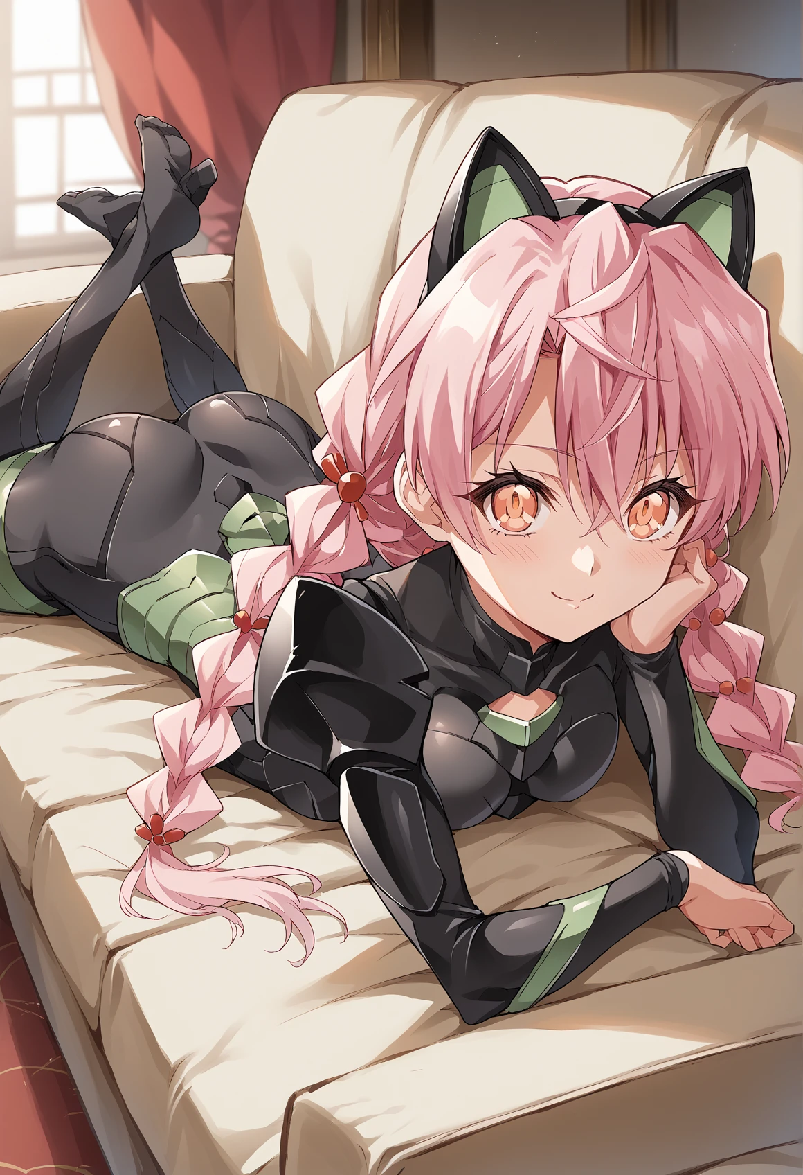 1girl, dark skin, pink hair, orange eyes, medium hair, braid, stomach tattoo, hair ornament, cat ears, jewelry, armored bodysuit, detached leggings, couch, indoors, mansion, seductive smile, laying, on stomach, from above, butt crack <lora:Kuro_XL:0.8> <lora:Tsunashima_Shirou_Jinki_Style:1>, score_9, score_8_up, score_7_up, score_6_up, score_5_up, score_4_up, BREAK source_anime, masterpiece