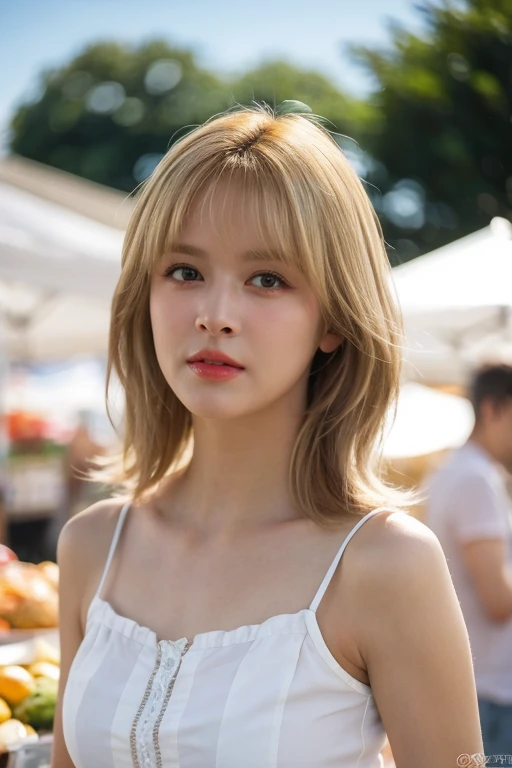 masterpiece, best quality, ultra-detailed, ultra high res, (photorealistic:1.4), raw photo, (realistic:0.2), 8k HDR, realistic lighting, looking at viewer, 1girl, solo, asymmetrical blonde hair, outdoor, sky, (traditional market:1.2), bokeh, (detailed lips), (detailed pores), (detailed skin textures), (detailed face:1.2), (body:1.2), a woman in a sundress, cowboy shot,