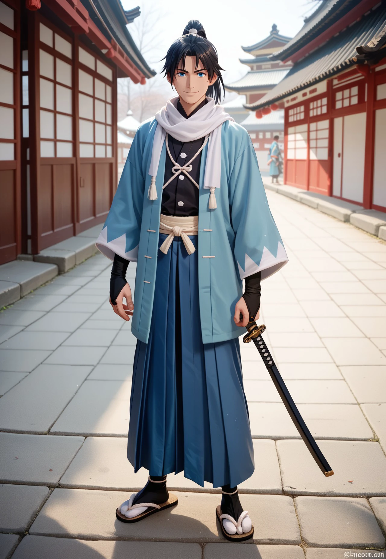 Shinsengumi Haori,  1boy,  black hair,  blue eyes,  blurry,  bridal gauntlets,  full body,  hakama skirt,  high ponytail,  katana,  looking at viewer,  male focus,  mole,  mole under eye,  photo background,  ponytail,  sandals,  scarf,  sheath,  sheathed,  skirt,  smile,  solo,  standing,  sword,  tabi,  watermark,  weapon,  white scarf, score_9, score_8_up, score_7_up, score_6_up, score_5_up, score_4_up,