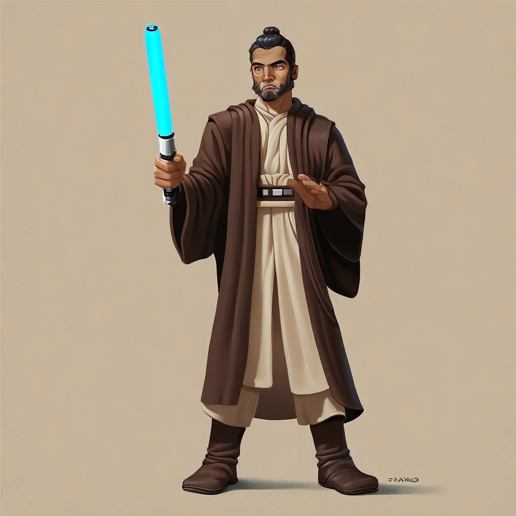 score_9, score_8_up, score_7_up, Syfo-Dias, Star Wars, Jedi,  solo, simple background, black hair, 1boy, holding, standing, full body, male focus, weapon, boots, sword, facial hair, beard, brown background, robe, animification, energy sword, lightsaber, general