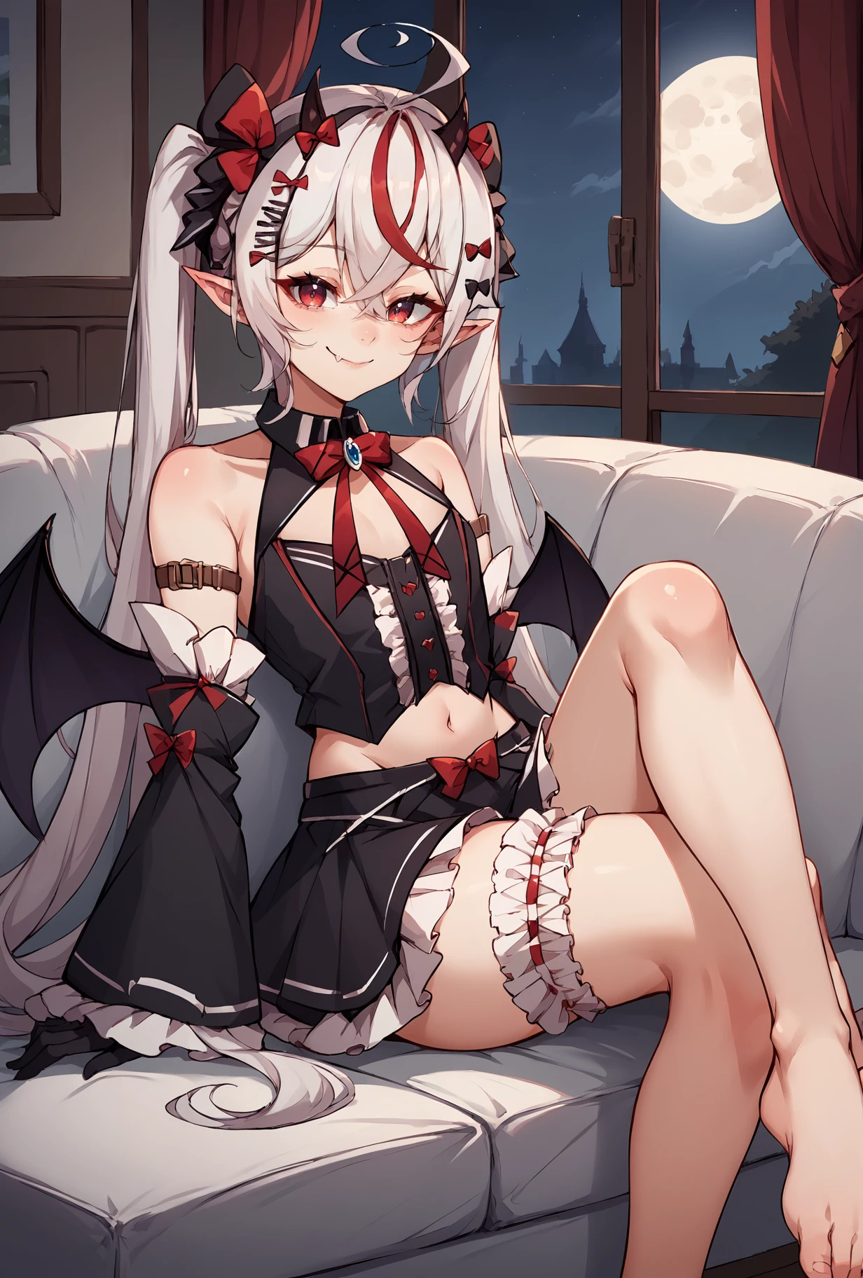 nsfw, masterpiece, extra limbs,1 vampire, ,silver extremely long hair,silver pubic hair, slant eyes blank red eyes, flat chest small nipples small  areolas,athlete skinny pale white skin body,sullen,crossed legs,((clothed corset dress)),sitting on throne