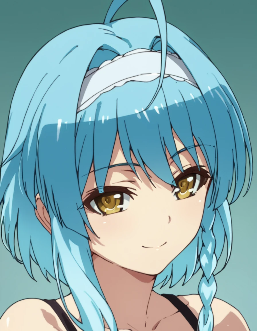 score_9, score_8_up, score_7_up, score_6_up, score_5_up, score_4_up, source_anime,  Yuki, blue hair, short hair, yellow eyes, side braid, ahoge, , portrait, soft smile