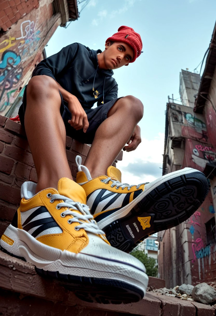 Score_7_up, score_8_up, male focus, closeup, perspective shot, low angle, Worm's eye view, fisheye, 
BREAK,
 clos_pers, 1boy, feet focus, beanie, tan skin, grey eyes, expressionless, trendy clothing, shoe closeup, red and yellow sneakers, outdoors, graffiti,