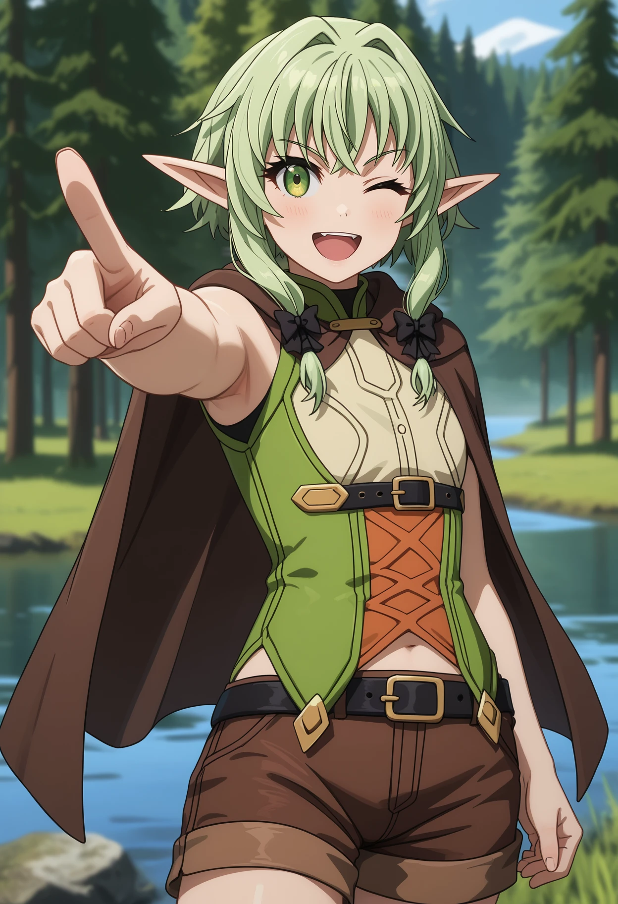 score_9,
<lora:GoblinSlayer_HighElfArcherXL:0.9>, HighElfGS,
1girl, solo, open mouth, upper teeth only, light smile, one eye closed,
short hair, green hair, green eyes, pointy ears, hair bow, black bow,
brown cloak, multicolored dress, sleeveless dress, cross-laced dress, black belt, underbust, brown shorts,
pointing, pointing at viewer, standing, looking at viewer, (cowboy shot:1.2),
blurry background, forest, lake, fog