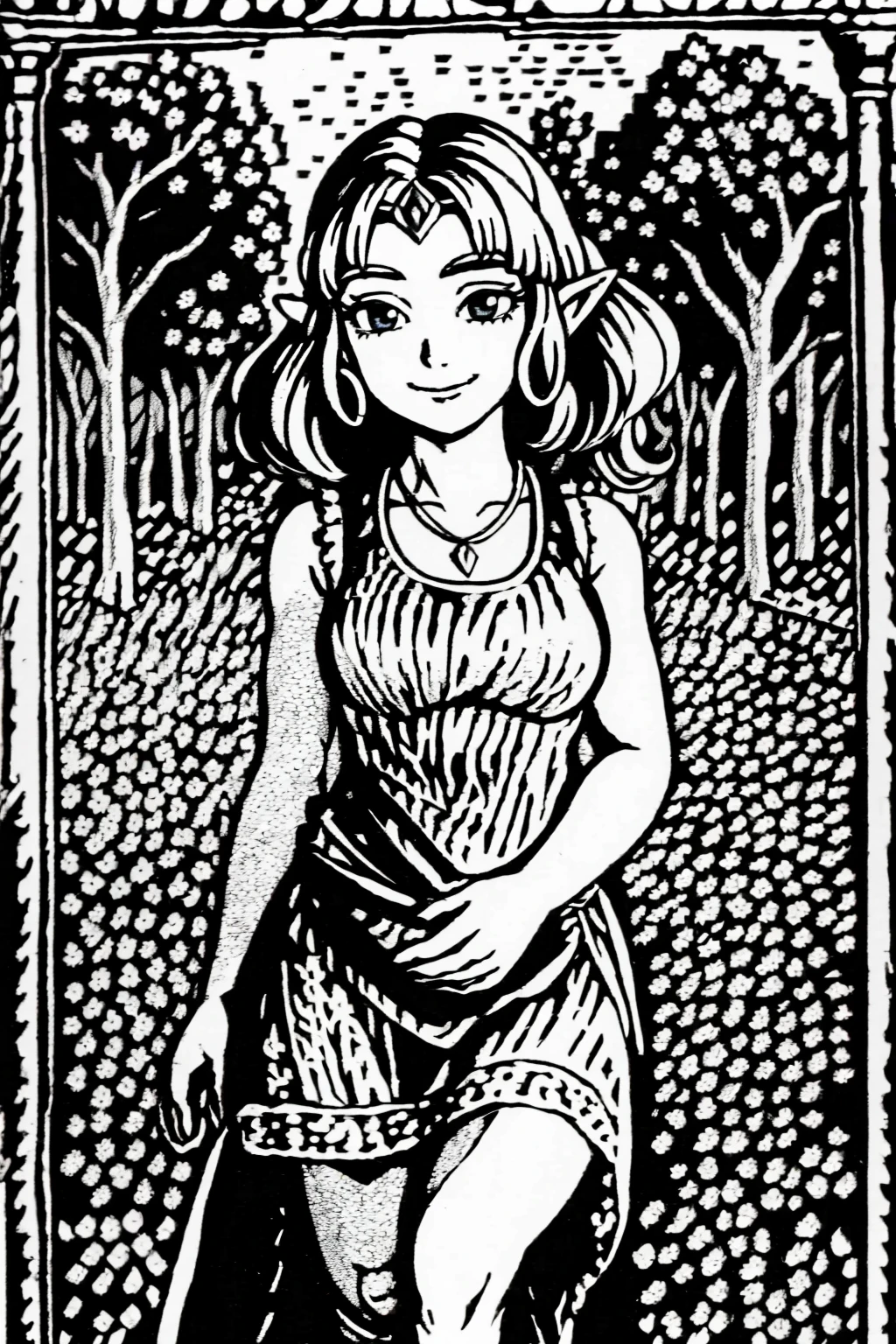 (((woodcut, monochrome))), masterpiece, ultra-detailed, best quality, illustration, 8k cg wallpaper, an extremely delicate and beautiful, 1girl, Princess Zelda /(The Legend of Zelda/), solo, perfect anatomy, cute face, smiling, blushing, shining eyes, deep blue eyes, beautiful detailed eyes, blonde hair, long hair, sidelocks, cute circlet, cute earrings, cute necklace, perfect arms, perfect legs, cute, pretty, beautiful, sexy, perfect body, (background: flowery field, grass, trees, flowers, ruins, intricately detailed items in background), <lora:WEE:1>