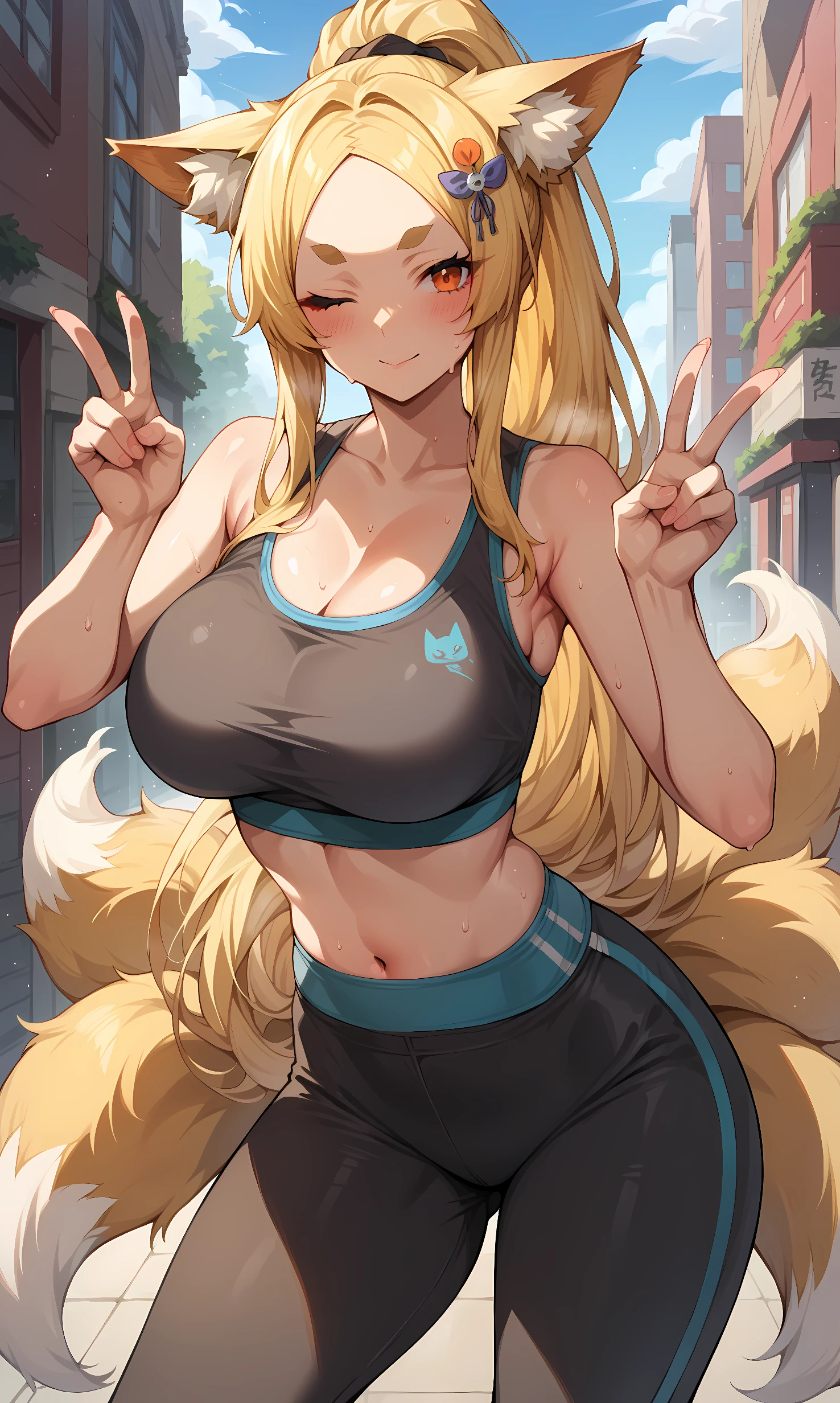 score_9, score_8_up, score_7_up, BREAK source_anime, 1girl, solo, outdoors, street, cowboy shot, looking at viewer, blush, yasaka, orange eyes, thick eyebrow, blonde hair, very long hair, parted bangs, ponytail, fox ears, fox tail, multiple tails, hair ornament, hair stick, sports bra, navel, yoga pants, black pants, high-waist pants, sweat, double v, one eye closed