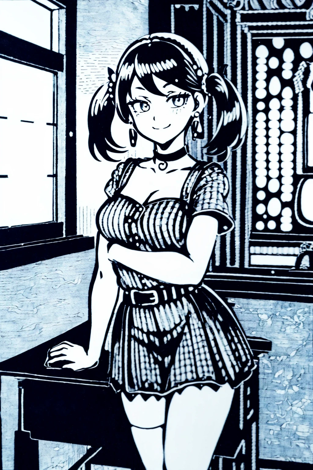 (((woodcut, monochrome))), masterpiece, ultra-detailed, best quality, illustration, 8k cg wallpaper, an extremely delicate and beautiful, 1girl, solo, perfect anatomy, cute face, smiling, blushing, shining eyes, deep blue eyes, beautiful detailed eyes, dark brown hair, shoulder-length hair, twintails, cute hair accessories, cute earrings, cute choker, slim body, medium breasts, business outfit, perfect arms, cute arm accessories, black belt with gold buckle, light blue plaid skirt, cute thigh-high stockings, perfect legs, cute, pretty, beautiful, sexy, perfect body, (background: office, desk, chair, bulletin board, windows, intricately detailed items in background), <lora:WEE:1>