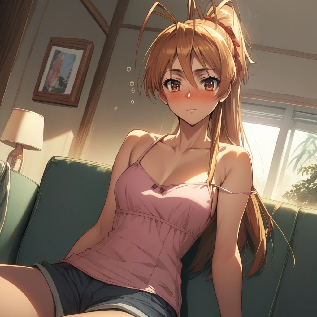 score_9, score_8_up, score_7_up, source_anime, reimiyamoto, rei miyamoto, long hair, brown hair, brown eyes, antenna hair, ponytail, camisole, pink camisole, collarbone, bare shoulders, shorts, indoors, sofa, sitting, drunk, blush, looking at viewer, cowboy shot, dutch angle,