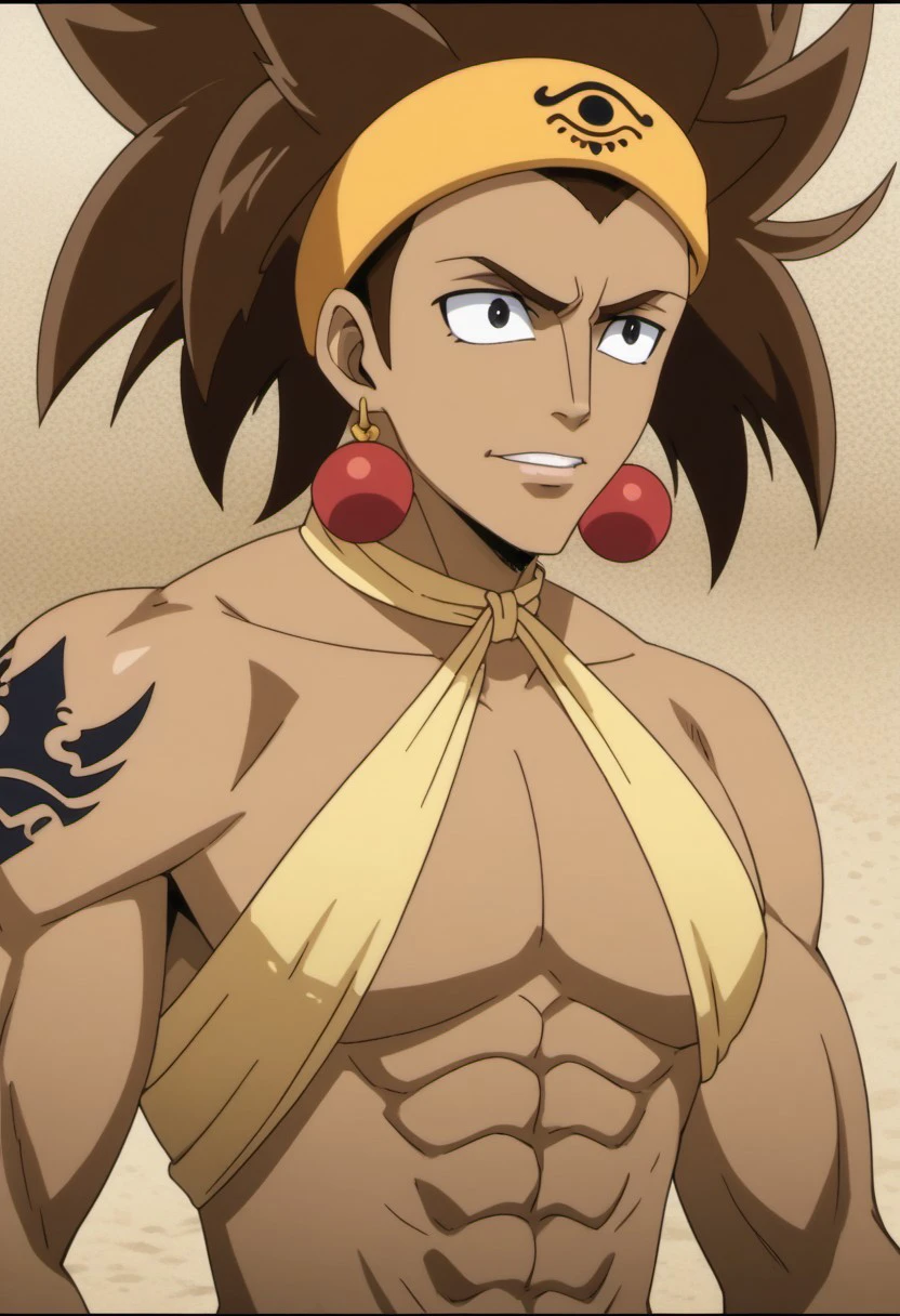 score_9, score_8_up, score_7_up, source_anime, rating_safe, Ajetail, 1boy, yellow Ajeel headband, red Ajeel earrings, black Ajeel tattoo, male focus, anime screencap, yellow Ajeel cloth torso, Ajeel sand