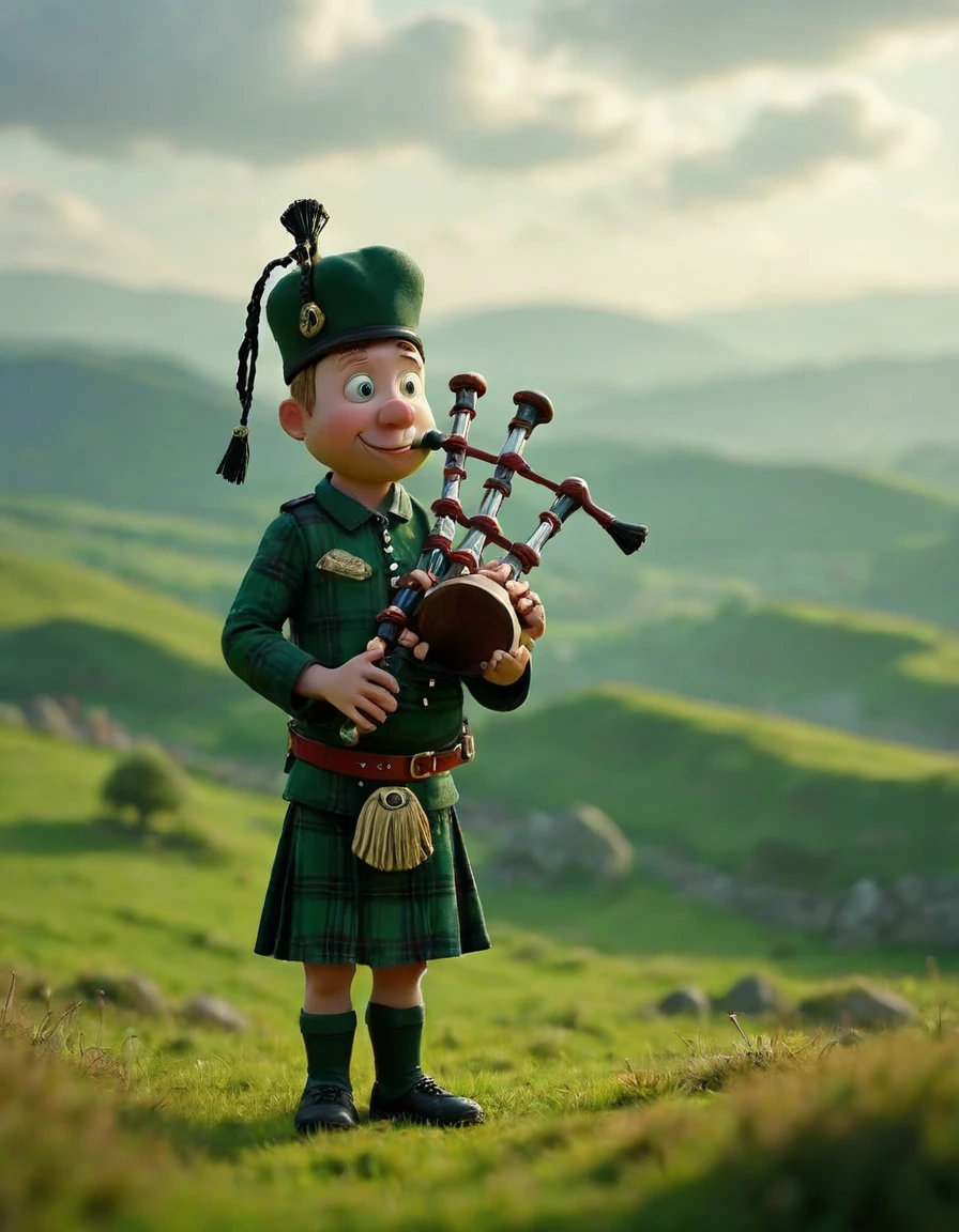 A Scottish bagpiper in full tartan regalia, playing a soulful tune atop the rolling green Highlands