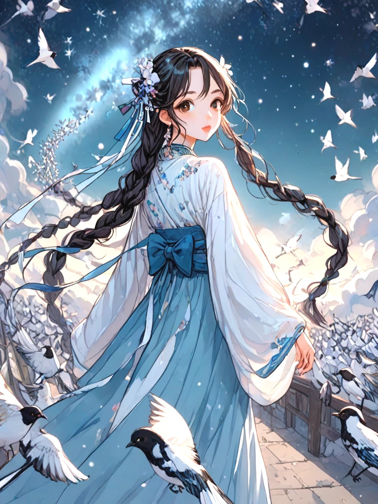 source_anime, magpie bridge, birds flock, tanabata, hanfu, weaver girl, walking, big tits, long hair, braids, hair flower, hair ornament, necklace, earrings, floating hair, fog, wind, cloud, high sky, starry sky, colorful sky, looking at viewer, <lora:girllikemagpiebridge_pony:1>