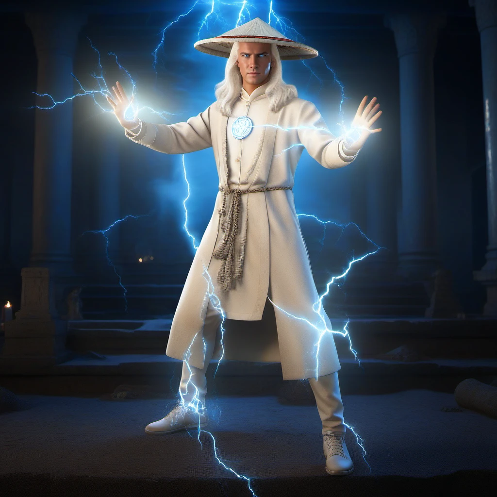 cinematic photo a full body portrait 1boy, male focus, dressed in white, hat, casting electricity lightning spell with his hands,  long white hair, blue eyes, in a temple in ruins <lora:Raiden1995-1024:0.8> . 35mm photograph, film, bokeh, professional, 4k, highly detailed