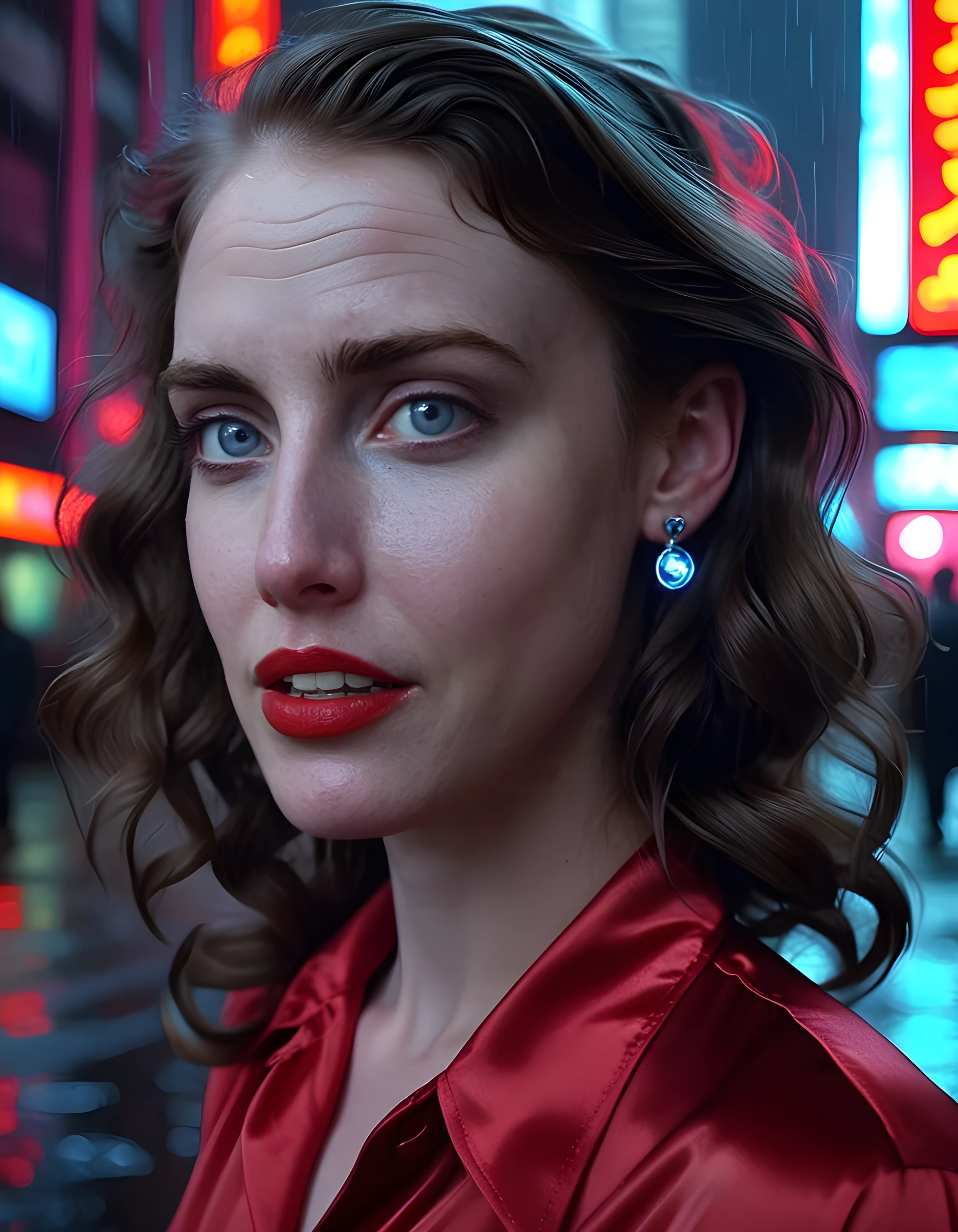 L41N4, In a surreal, neo-noir setting reminiscent of Blade Runner's dystopian cityscape, a woman with long, wavy brown hair and piercing blue eyes adorned in a vintage 1940s-inspired red satin shirt and silver drop earrings, her lips curled into a knowing, enigmatic smile, is captured from an intimate low angle, looking directly at the viewer with an intense gaze. The image is bathed in the ethereal glow of neon lights emanating from holographic advertisements, casting a soft, otherworldly light on her face and creating a stark contrast against the gritty, rain-soaked pavement and towering skyscrapers behind her, evoking an emotional tone of mystery, allure, and defiance.