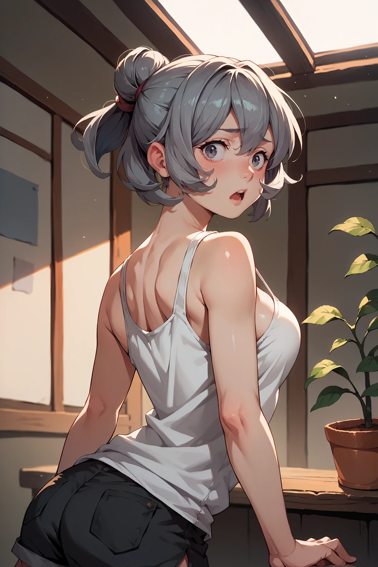 score_9, score_8_up, score_7_up, score_6_up, source_anime, 1girl, solo  <lora:syrflova-pdxl-nvwls-v1-000004:1> dmSyr, grey hair, medium hair, folded ponytail, white tank top, shiny skin, medium breasts, cleavage, black shorts, from behind, looking back, blush, open mouth, indoors