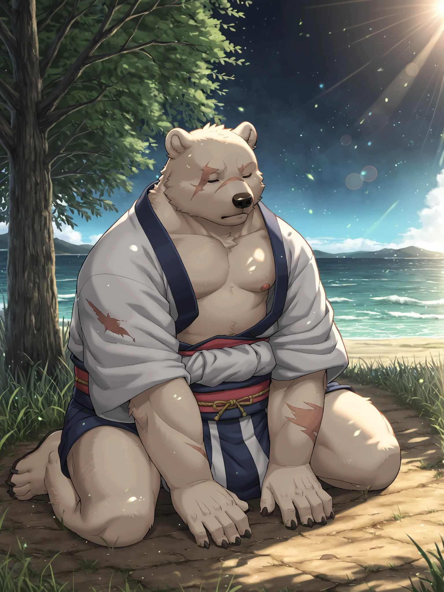 m0kiart1, solo, furry,1male, looking afar, sitting on floor, under tree, bear male, white fur, closed eyes, samurai, grass floor, ocean background, tree, dust particles, plump, bara, scars, wearing kimono, SFW, good lighted, lens flares, day time,from front,lens distortion,detailed hands, wounds,kneeling