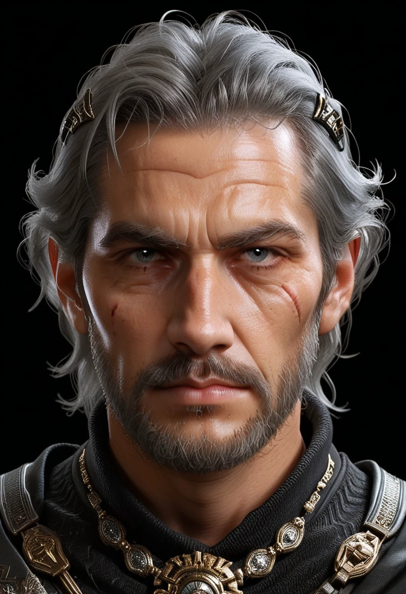 End_FF_XV, jewelry, male focus, 1boy, simple background, veins, solo, mustache, closed mouth, upper body, black background, scar, facial hair, realistic, portrait, grey hair, beard, old man, looking at viewer, old BREAK score_9, score_8_up, score_7_up, score_6_up, score_5_up, score_4_up,,