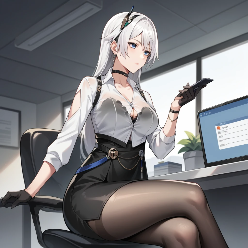 score_9_up, score_8_up, score_7_up, source_anime, masterpiece, best quality, 1girl, solo, Gengchen, Geng_Boss, window, sun light, desk, monitor, sitting on office chair, pensive, head rest, looking to side at ipad, holding ipad, from below, face focus, foreshortening, from side, crossed legs, white hair, low-tied long hair, blue eyes, white dress, white shirt, see-through shirt, black bra, long sleeves, clothing cutout, collarbone, black choker, high-waist skirt, black skirt, pencil skirt, pantyhose, hair ornament, bracelet, black glove, jewelry, earrings, mature body, dynamic cowboy shot, indoors, futuristic office background