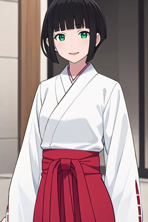 (1girl, solo), looking at viewer,mayu, tomone, black hair, blunt bangs, short hair, sidelocks, green eyes, miko outfit, white kimono, red hakama,smile, sleeve past wrist