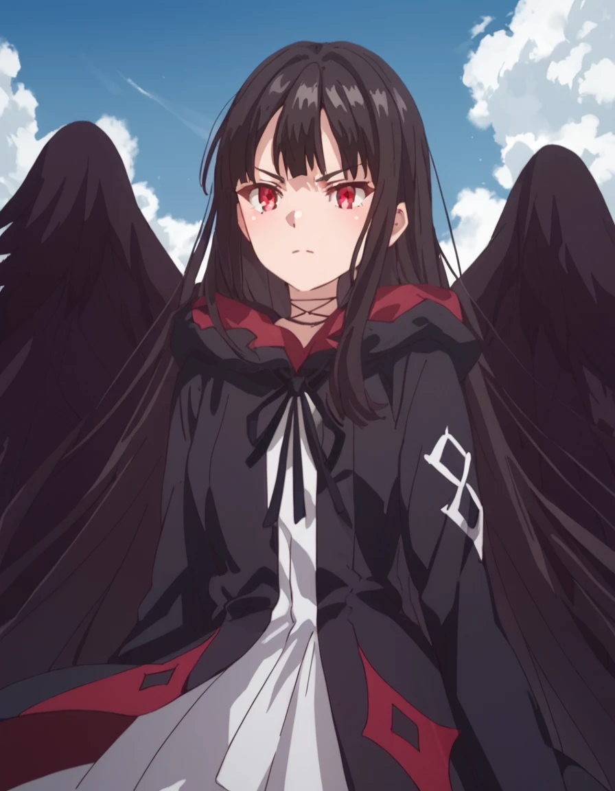 score_9, score_8_up, score_7_up, score_6_up, score_5_up, score_4_up, source_anime,  Eve, black hair, red eyes, very long hair, black wings, , action pose