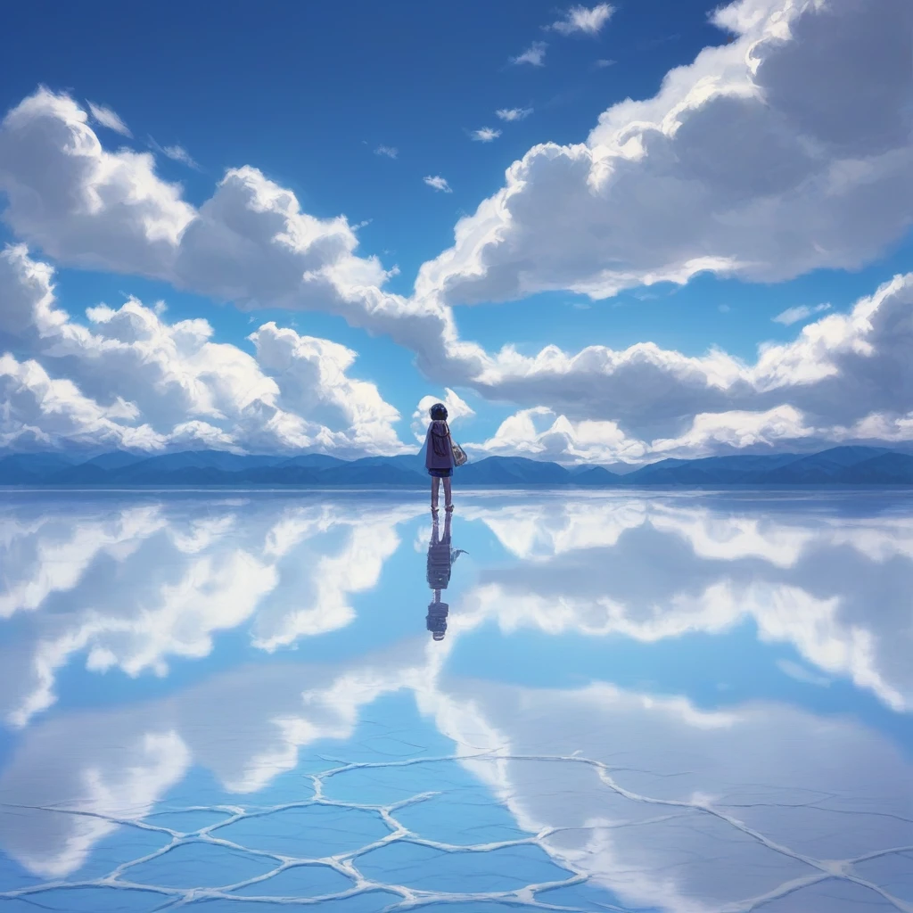 score_9, score_8_up, score_7_up, score_6_up, score_5_up, score_4_up, zPDXL2,source_anime,rating_questionable, <lora:Salt_Flats_Mirror:1> s4ltflats, reflection, outdoors, day, scenery, blue sky, water, cloudy sky, horizon