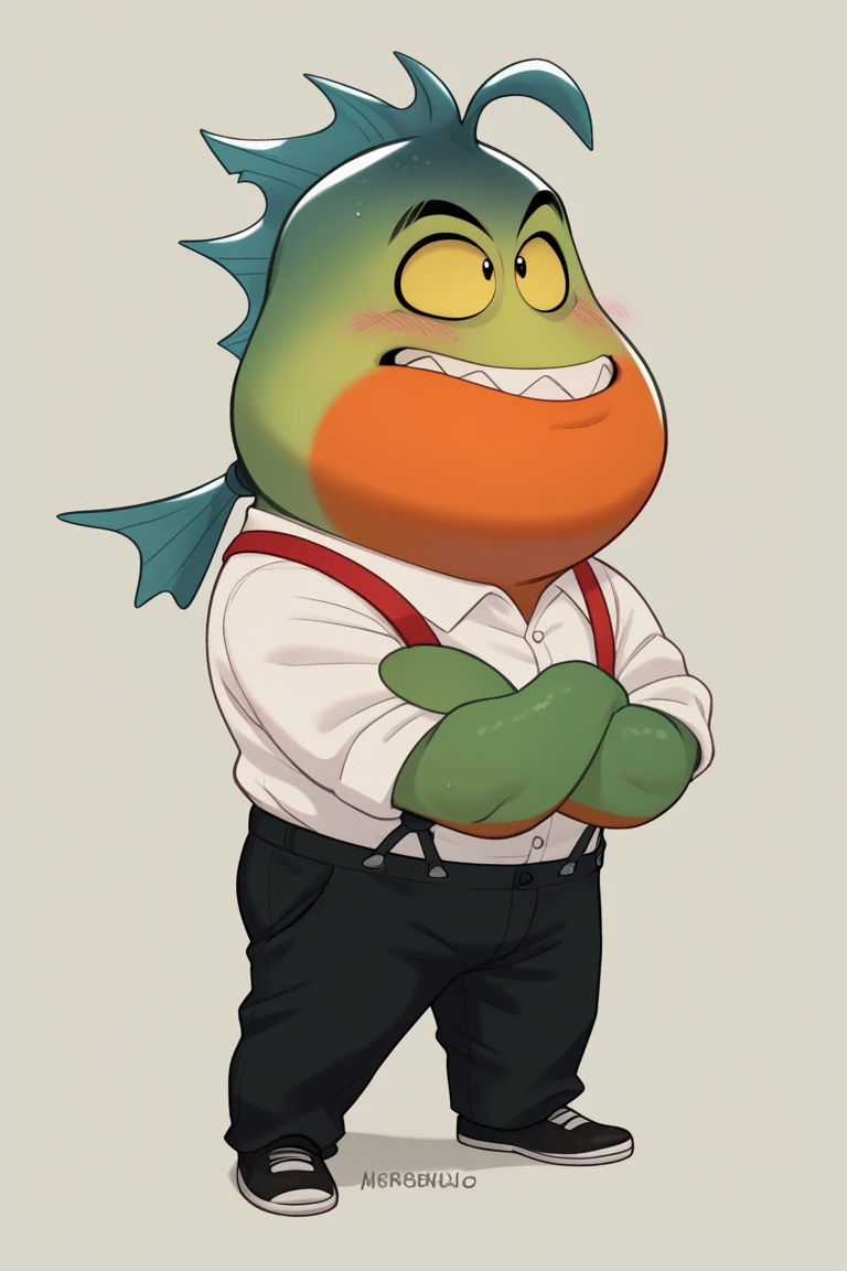 score_9, score_8_up, score_7_up, MrPiranha, , 2022, adriano berjillos, anthro, biped, blush, bottomwear, clothing, dreamworks, fish, green body, hi res, marine, mr. piranha (the bad guys), pants, piranha (fish), serrasalmid, shirt, simple background, solo, suspenders, the bad guys, topwear