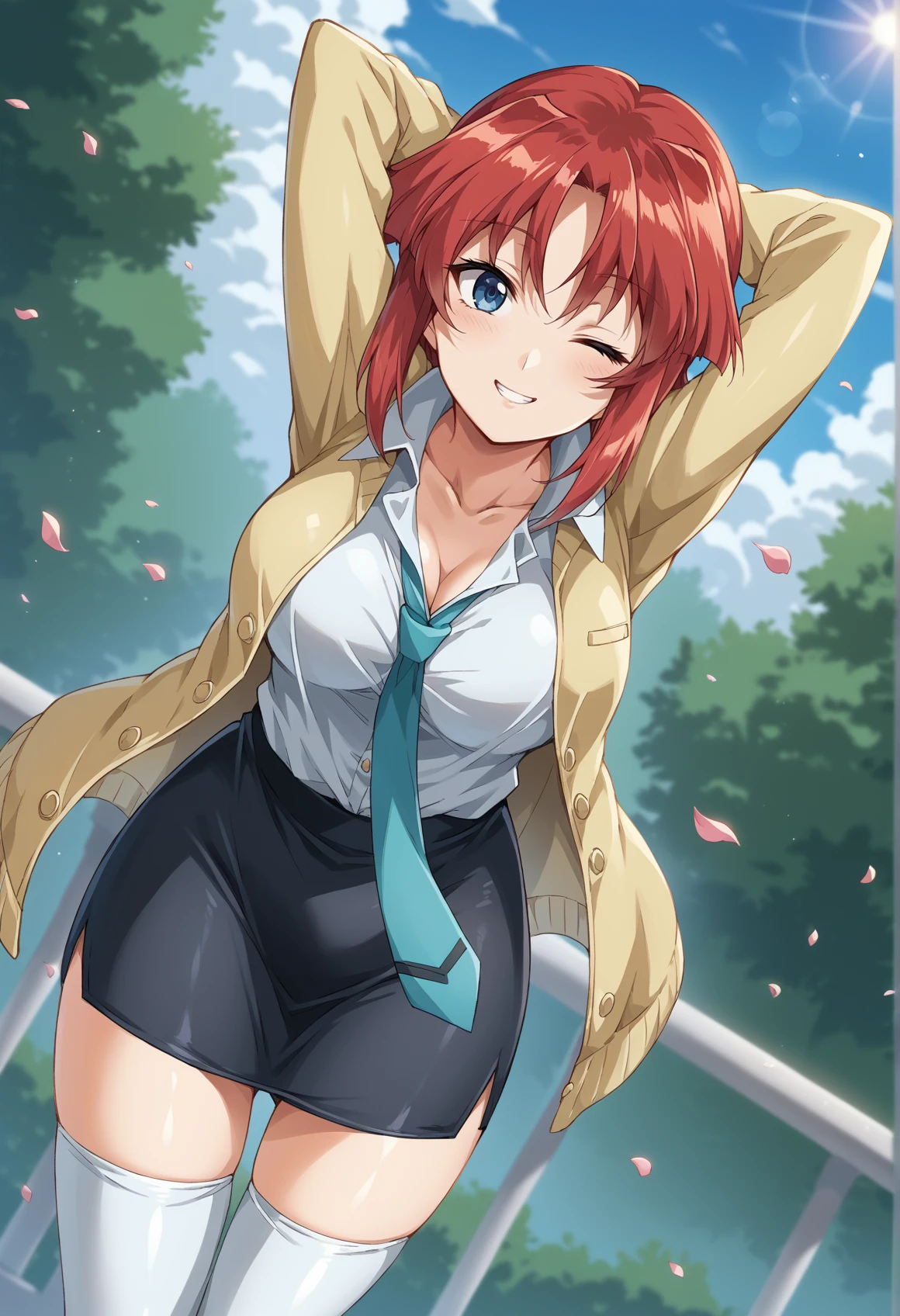 1girl, aqua necktie, arm behind head, arms up, black skirt, blue background, blue eyes, blue sky, blurry, breasts, bush, buttons, cleavage, cloud, collarbone, collared shirt, cowboy shot, day, depth of field, dutch angle, falling petals, glint, hair intakes, half-closed eye, happy, jacket, leaning forward, lens flare, long sleeves, looking at viewer, medium breasts, miniskirt, necktie, one eye closed, open clothes, open jacket, outdoors, parted lips, pencil skirt, petals, railing, red hair, school uniform, shirt, shirt tucked in, short hair, sidelocks, skirt, sky, smile, solo, standing, stretching, teeth, thighhighs, thighs, undone necktie, white shirt, white thighhighs, yellow jacket, zettai ryouiki, blurry  <lora:Tsunashima_Shirou_Jinki_Style:1>, score_9, score_8_up, score_7_up, score_6_up, score_5_up, score_4_up, BREAK source_anime, masterpiece