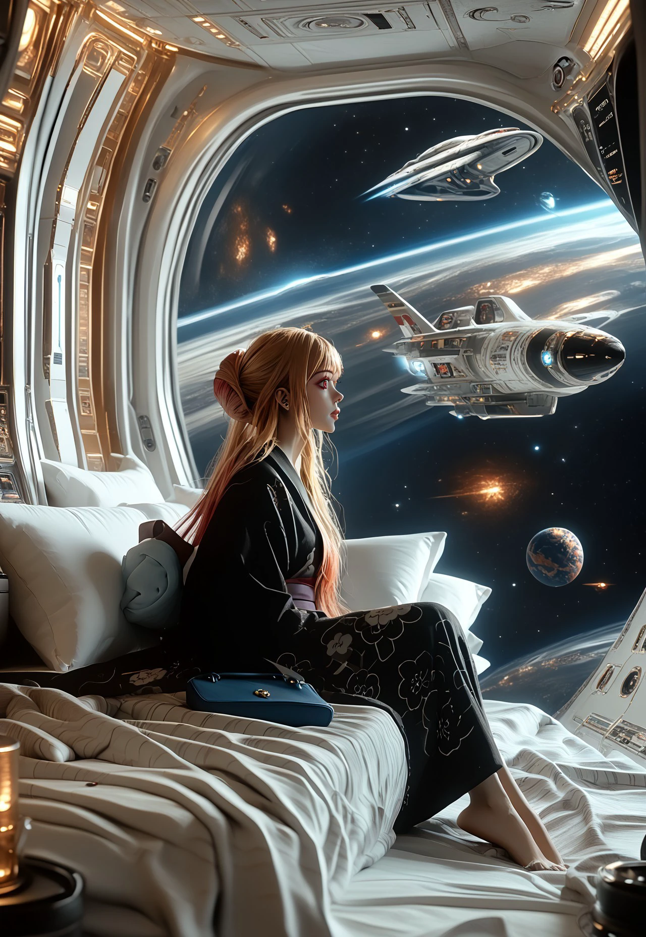 score_9, score_8_up, score_7_up, 8k uhd, masterpiece, best quality, high quality, ultra-detailed, (highly detailed), OverallDetail, Expressiveh, (())
,
((( 1girl, solo )))
,
((( Best  view )))
,
((( Spacehotelmb, space, planet, spacecraft, science fiction )))
,
((( marin kitagawa, long hair, bangs, blonde hair, red eyes, multicolored hair, japanese clothes, kimono, bag, sash, obi, floral print, yukata, black kimono, hair bun, single hair bun )))
,
((( Girl sitting on the bed,  )))
,
((( Bed, bedroom, pillow ))) 