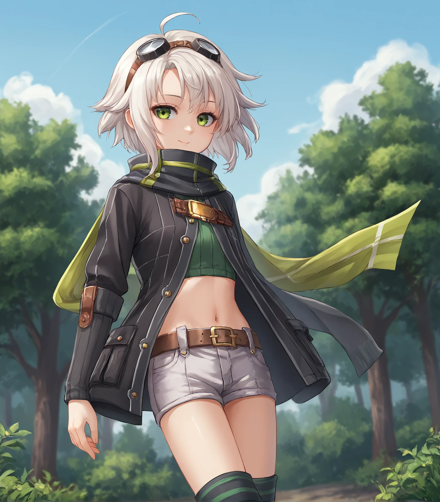 score_9, score_8_up, score_7_up, score_6_up, score_5_up, score_4_up, BREAK source_anime,
1girl, solo,  cowboy shot  looking at viewer, smile, outdoors, sky, trees, 
<lora:Racoonkun_Artist_Style:0.6>, racoonsan,,  
 <lora:FieClaussellCS2:0.9>, Fie Claussell, white hair, medium hair, ahoge, green eyes, small breasts, petite, goggles on forehead, black jacket, green crop top, green scarf, short shorts, belt, striped socks, boots,