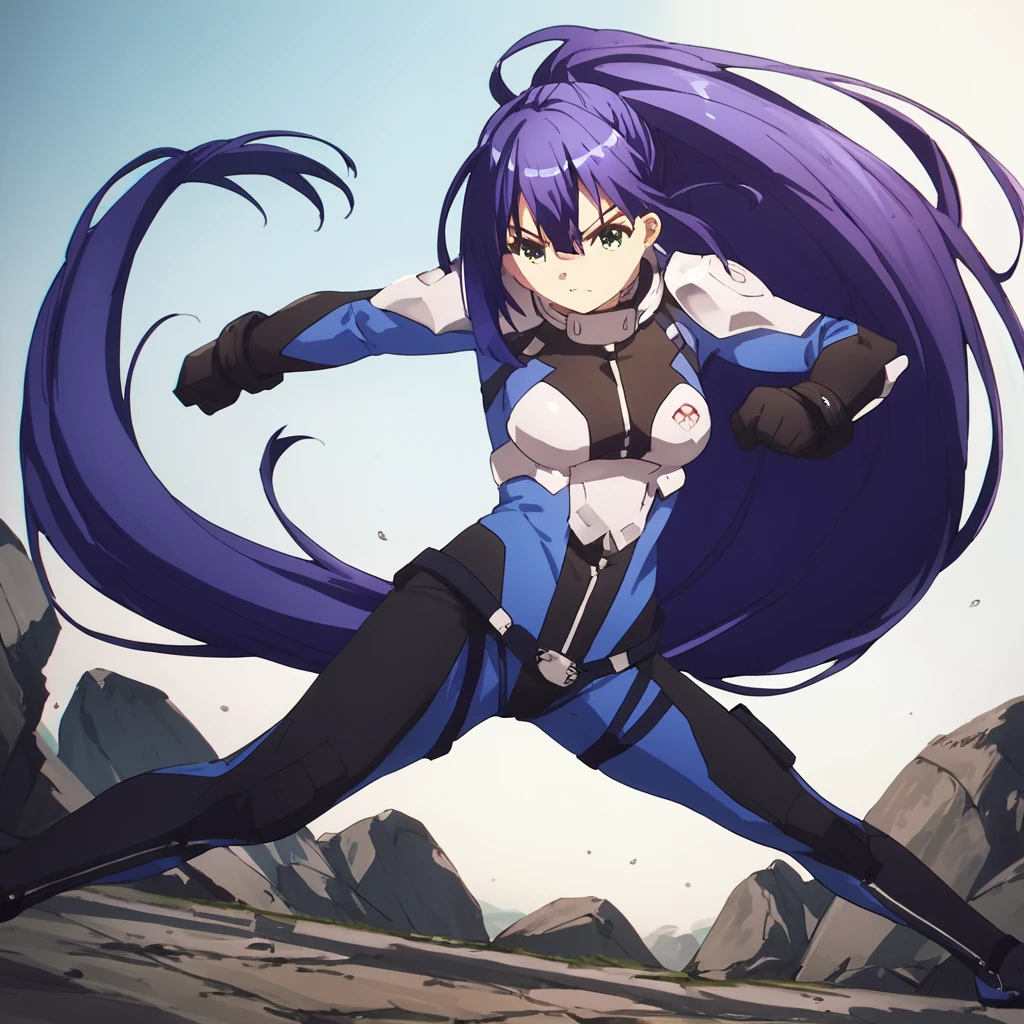 score_9, score_8_up, score_7_up, score_6_up, score_5_up, score_4_up, source_anime,  Ayano, very long hair, purple hair, blue hair, green eyes, , bodysuit, action pose