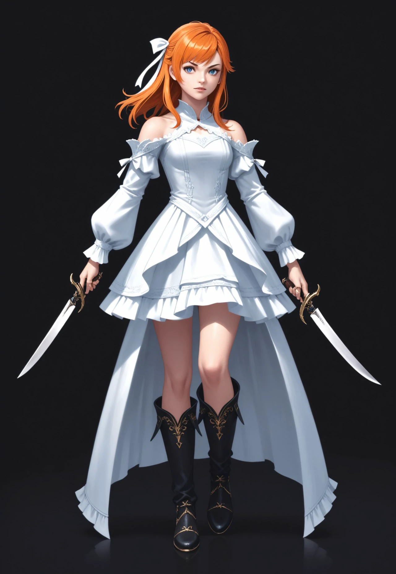 end_xiv_world, hyur, solo, 1girl, blue eyes, dress, black background, long hair, holding, dual wielding, white dress, simple background, weapon, ribbon, full body, holding weapon, bangs, looking at viewer, hair ribbon, toeless footwear, long sleeves, boots, knife, orange hair, bare shoulders, puffy long sleeves, holding knife, puffy sleeves, black footwear, swept bangs, final fantasy xiv, fantasy, score_9, score_8_up, score_7_up, score_6_up, score_5_up, score_4_up,